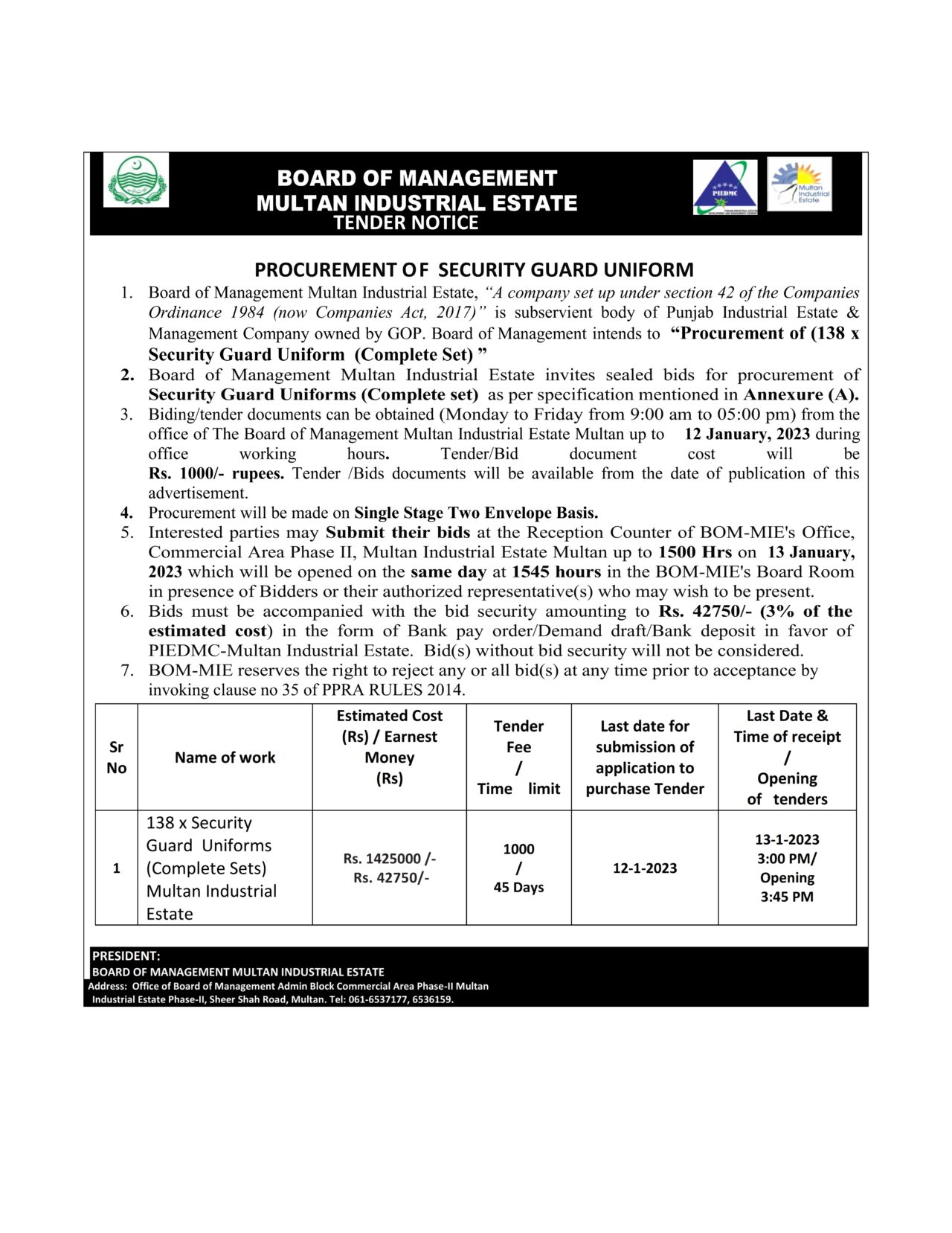 Tender SECURITY GUARD UNIFORM. Board of Management